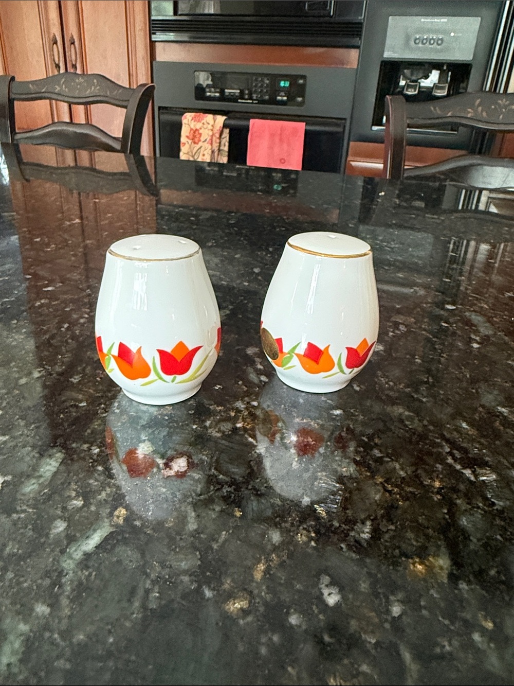 Mid Century “Sally” Tulip Floral Porcelain Salt & Pepper Shakers - Red Orange